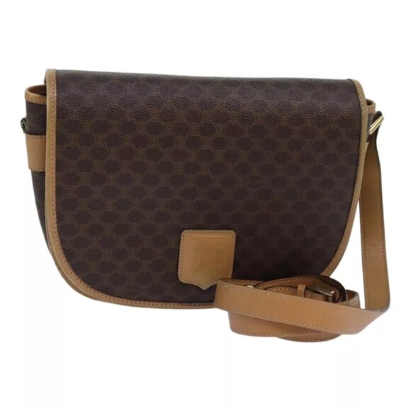 CELINE Macadam Canvas Shoulder Bag PVC Leather Brown Gold Auth am6745 - Picture 1 of 16